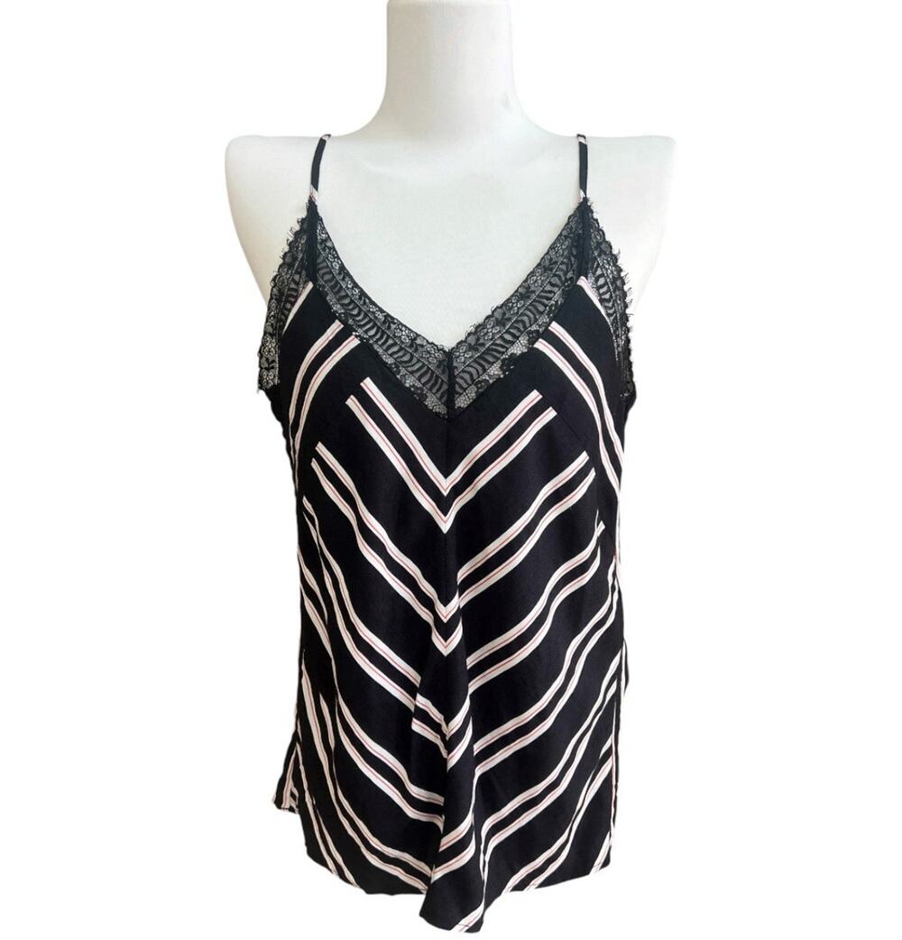 Maje Lisone Black White Red Chevron Stripe Lace Trim Tank Top Camisole Sz 2 US M